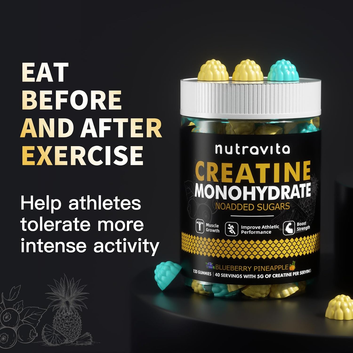 Creatine Monohydrate Gummies for Men & Women-5G of Creatine Monohydrate per Serving - Sugar Free,Vegan,Blueberry Pineapple Flavor, 120 Count