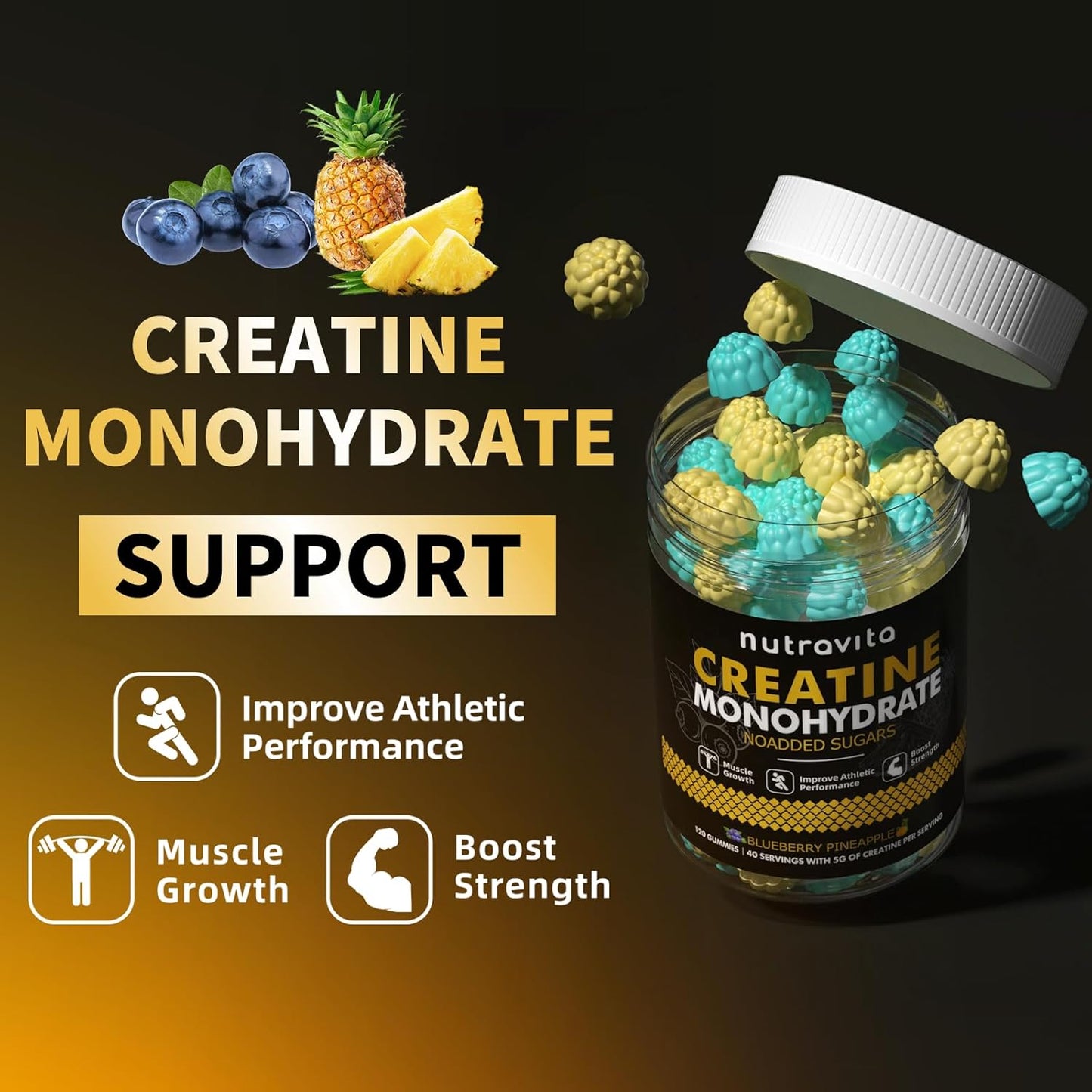 Creatine Monohydrate Gummies for Men & Women-5G of Creatine Monohydrate per Serving - Sugar Free,Vegan,Blueberry Pineapple Flavor, 120 Count