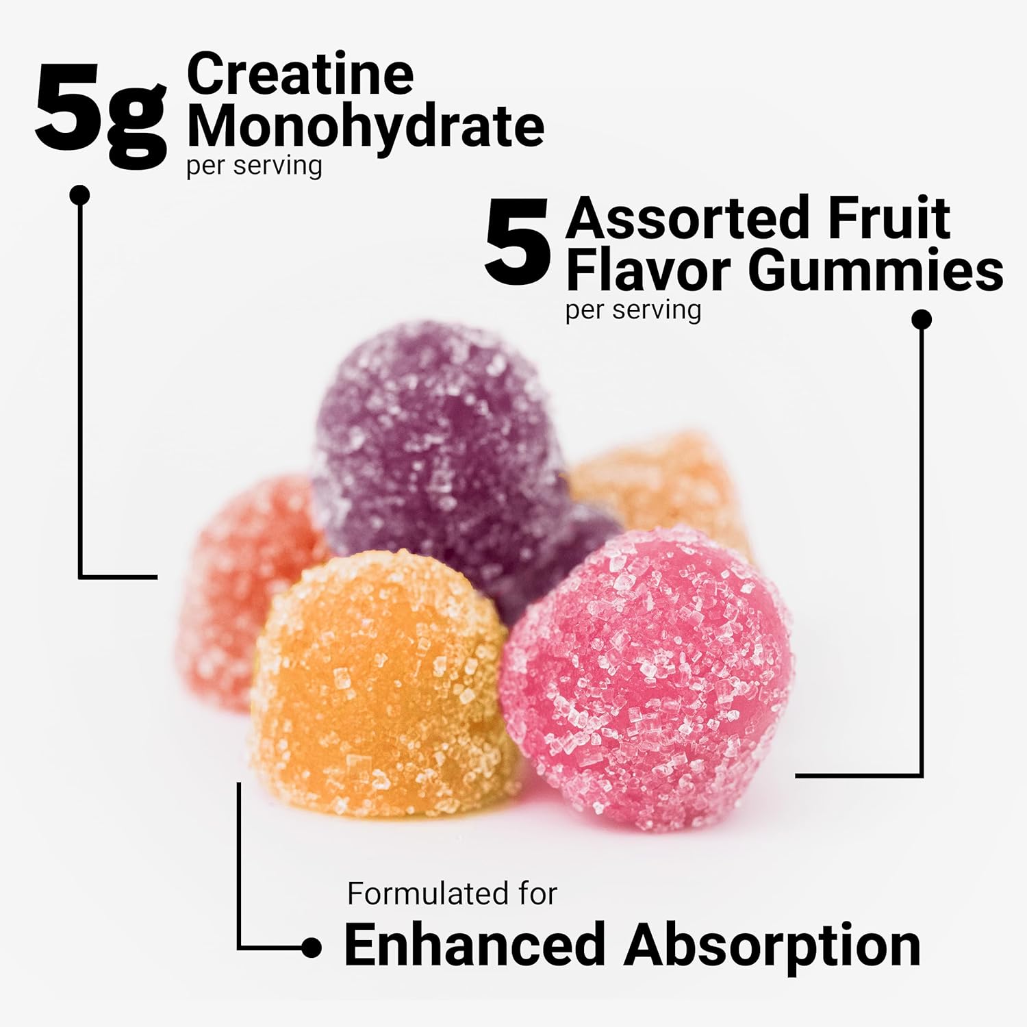 Creatine Monohydrate Gummies, 5G Dose for Men & Women to Support Muscle, Strength, Recovery, Cognitive Health & Memory, Assorted Fruit Flavors, 150 Gummies