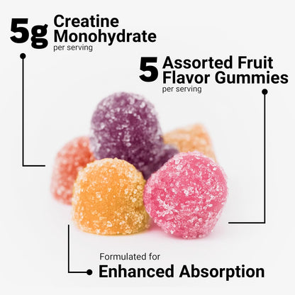 Creatine Monohydrate Gummies, 5G Dose for Men & Women to Support Muscle, Strength, Recovery, Cognitive Health & Memory, Assorted Fruit Flavors, 150 Gummies