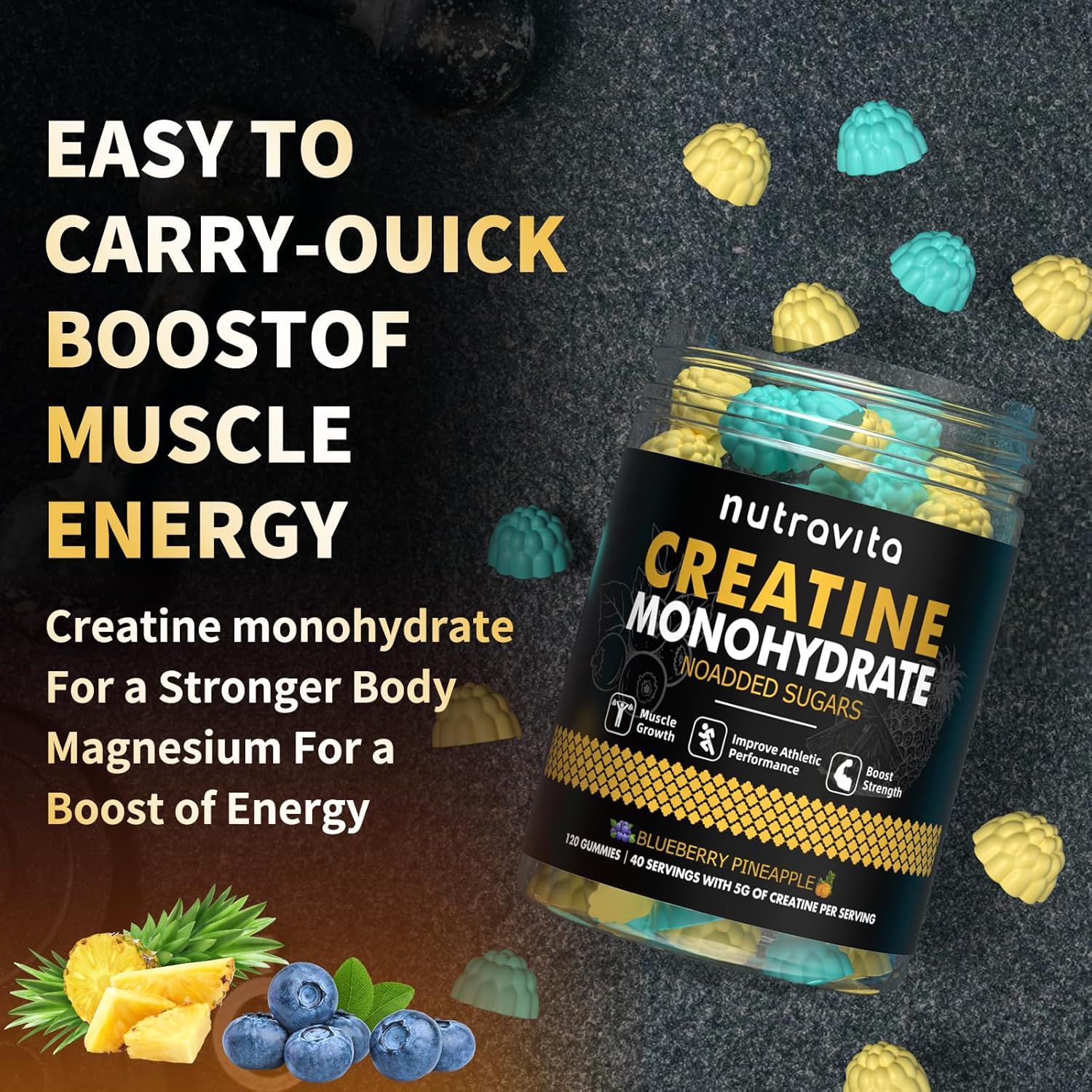 Creatine Monohydrate Gummies for Men & Women-5G of Creatine Monohydrate per Serving - Sugar Free,Vegan,Blueberry Pineapple Flavor, 120 Count