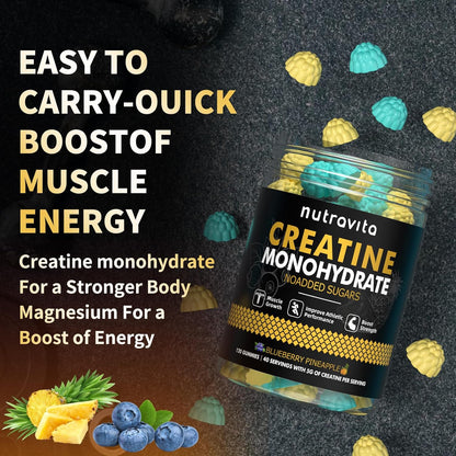 Creatine Monohydrate Gummies for Men & Women-5G of Creatine Monohydrate per Serving - Sugar Free,Vegan,Blueberry Pineapple Flavor, 120 Count